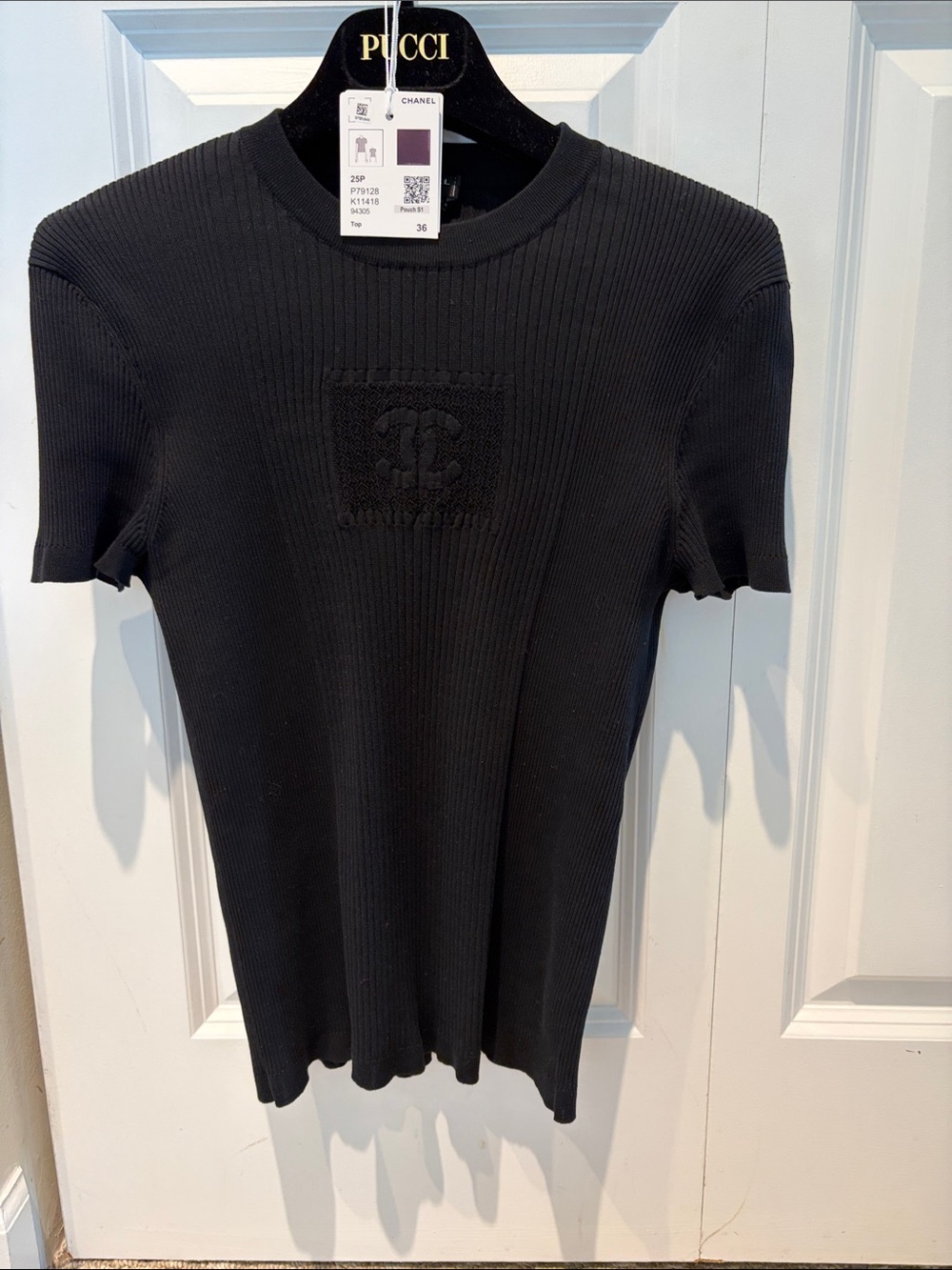 CHANEL Black Ribbed Short Sleeve Crewneck Top with CC